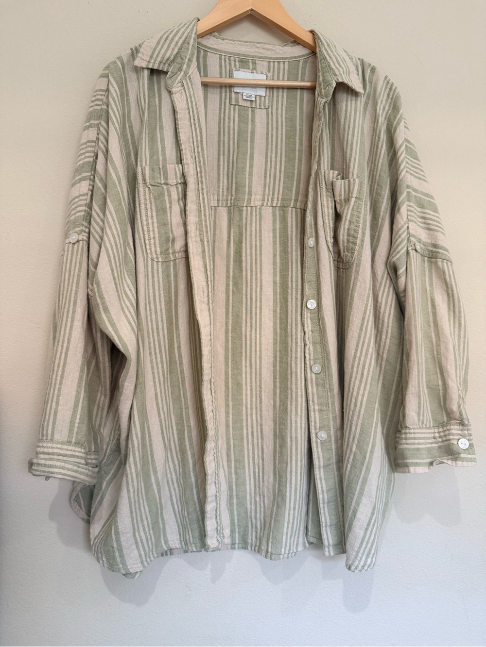 American Eagle Oversized Sage Green and Cream Striped Shirt Size Medium